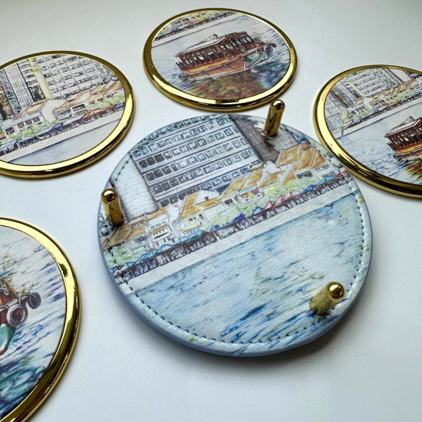 Premium Coasters Set w holder – Singapore River