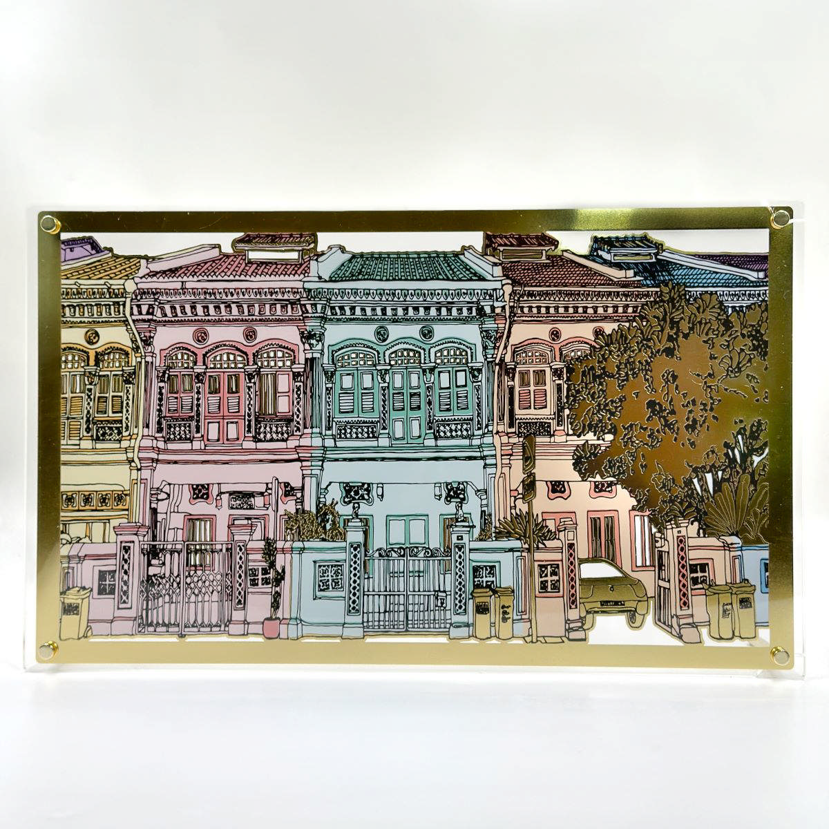 Laser Etched Art on Metal - Peranakan Houses